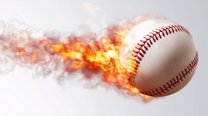 Flying baseball on fire. A baseball engulfed in red flames, isolated on a white background