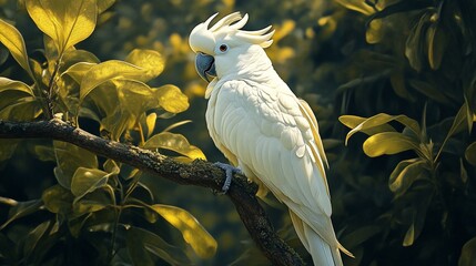 A white cockatoo perched on a branch with yellow leaves.