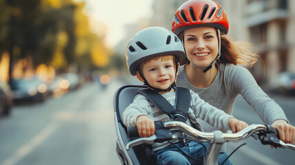 Naklejka premium A mom and her young son, both wearing helmets, ride a bike together. The son sits in a child seat attached to the bike. They're cycling through the city.