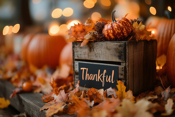 A rustic wooden box with the word Thankful surrounded by pumpkins and autumn leaves during a cozy fall celebration