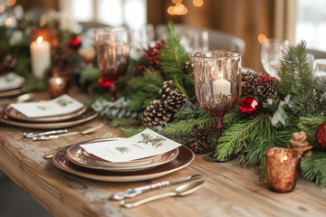 Elegant holiday dining table setting adorned with festive greenery and decorations, creating a warm atmosphere for winter gatherings