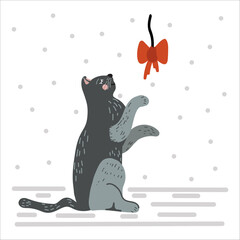 Cat sitting playing bow needlework vector artwork