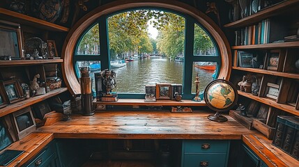 Cozy workspace overlooking a serene canal.