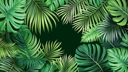 Lush green tropical leaves border with empty space in the center, perfect for text or design.