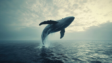 A stunning image of a whale majestically breaching from the ocean, set against a backdrop of a cloudy sky. Captures the essence of nature's beauty and marine life.