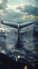 A breathtaking view of a whale tail emerging beautifully from the ocean, surrounded by waves, with a sunset sky in the background. Captures the essence of marine life and nature's grandeur.