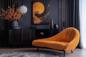halloween interior design, modern halloween decor with black and yellow banner, chic spooky interior design, minimalist style
