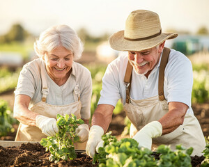 Elderly couple gardening together in a vibrant green field. Nursing home residential activity concept.
