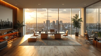 Luxury Executive Office with City View. Luxurious executive office with panoramic city views, modern decor, and elegant furnishings, showcasing a successful business environment. Banner copy space