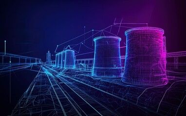 A futuristic view of digital cooling towers and infrastructure at a power plant with neon lines and vibrant colors during twilight