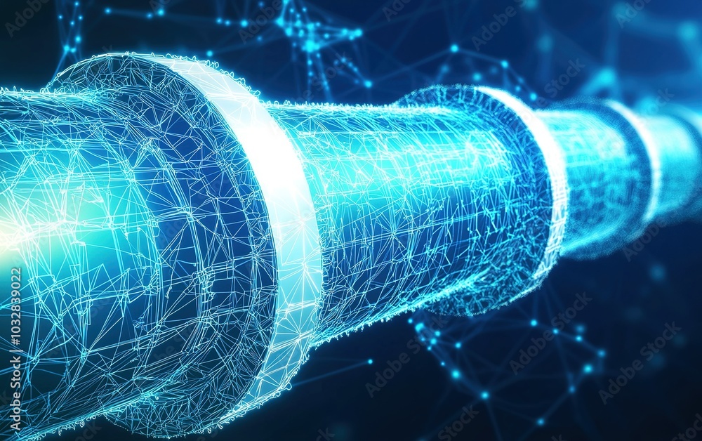 Poster futuristic digital pipeline with glowing connections under a tech-inspired backdrop illuminated in b