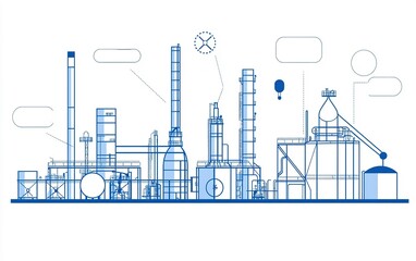 Fototapeta premium Industrial manufacturing facility with various equipment and structures illustrating a production process in a modern setting