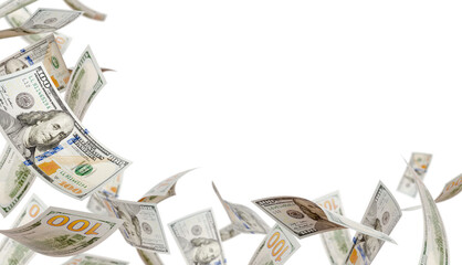 Corner Border of Falling One Hundred Dollar Bills Isolated. Transparent PNG.