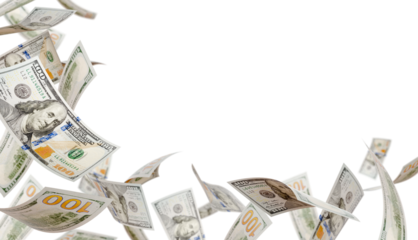 Corner Border of Falling One Hundred Dollar Bills Isolated. Transparent PNG.
