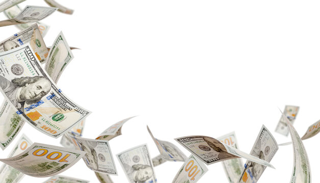 Corner Border of Falling One Hundred Dollar Bills Isolated. Transparent PNG.