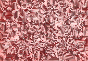 Fototapeta premium Intricate red and white line drawing featuring numerous small maze-like shapes filled with various patterns