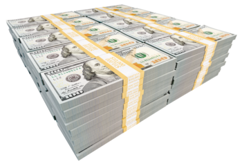 Stack of One Million Dollars in One Hundred Dollar Bills Isolated. Transparent PNG.