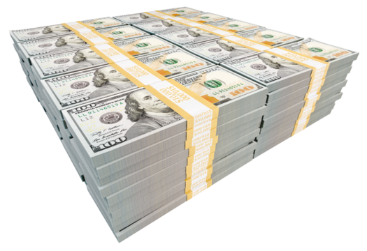 Stack of One Million Dollars in One Hundred Dollar Bills Isolated. Transparent PNG.