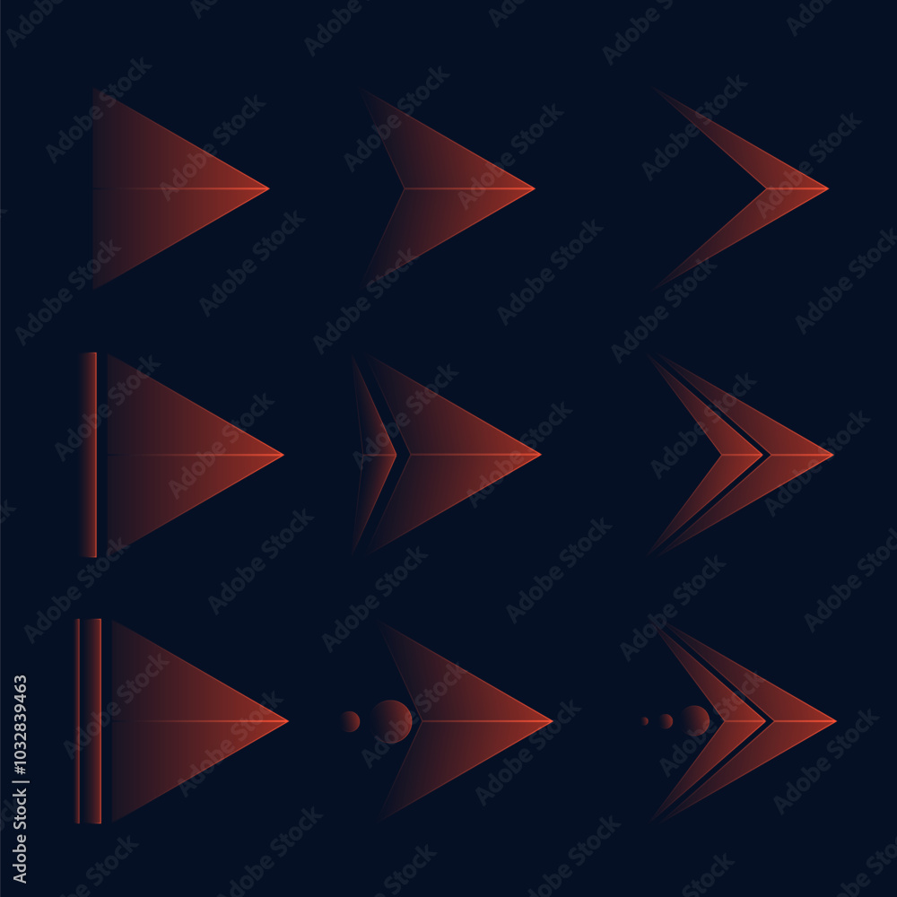 Poster red bright arrows and light signs. set of light arrows. vector