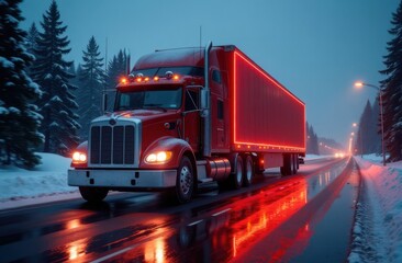 A truck on the highway with an illuminated trailer on a road wet with snow