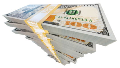 Stack of One Million Dollars in One Hundred Dollar Bills Isolated. Transparent PNG.