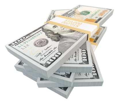 Stacks of One Hundred Dollar Bills Isolated. Transparent PNG.