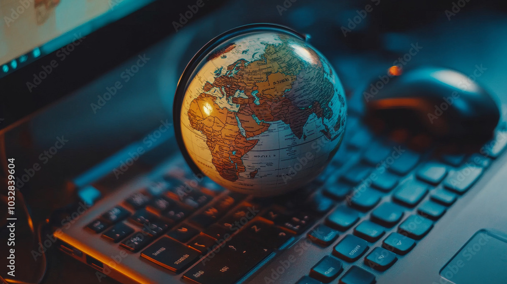 Poster a close-up view of a globe, a laptop keyboard, and a computer mouse. this image represents how the i