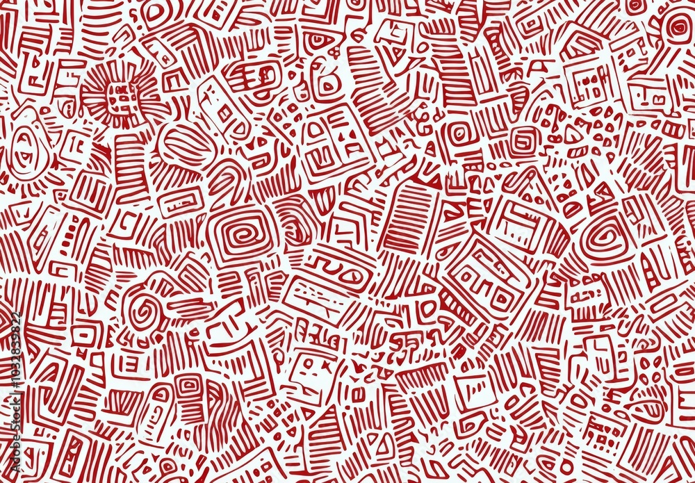 Poster red and white pattern featuring simple line drawings composed of small shapes