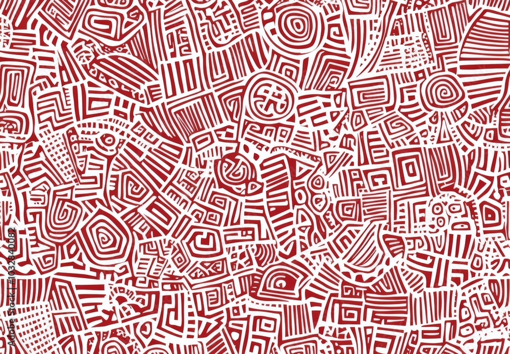 Poster red and white pattern featuring simple line drawings composed of small shapes