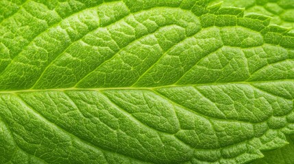 Obraz premium Detailed Macro Shot of Fresh Mint Leaf Showcasing Serrated Edges and Vibrant Green Color