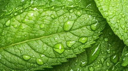 Fototapeta premium Macro Close-up of Fresh Mint Leaf with Water Droplets, Vibrant Green Botanical Background, Ultra-Detailed Nature Photography