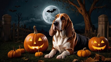 A basset hound among pumpkins on the background of the moon on a cold Halloween night creates a cozy and mysterious atmosphere. The stakes are swirling in the air, adding to the mystery