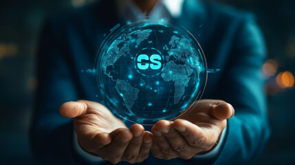 ISO standards help companies improve their products and services.  A businessman is showing a globe with ISO symbols, which stand for the International Organization for Standardization.
