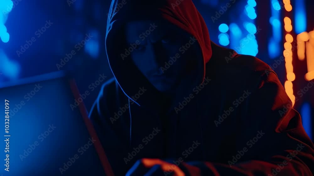 Aufkleber Focused programmer writing code on laptop in dimly lit room, creating mysterious tech atmosphere