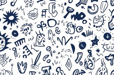 Navy blue seamless pattern featuring various simple line drawings of shapes and symbols on a clean white background