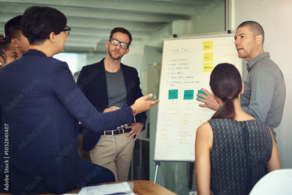 Poster employees, whiteboard and web development in office with team, plan update and project. business peo