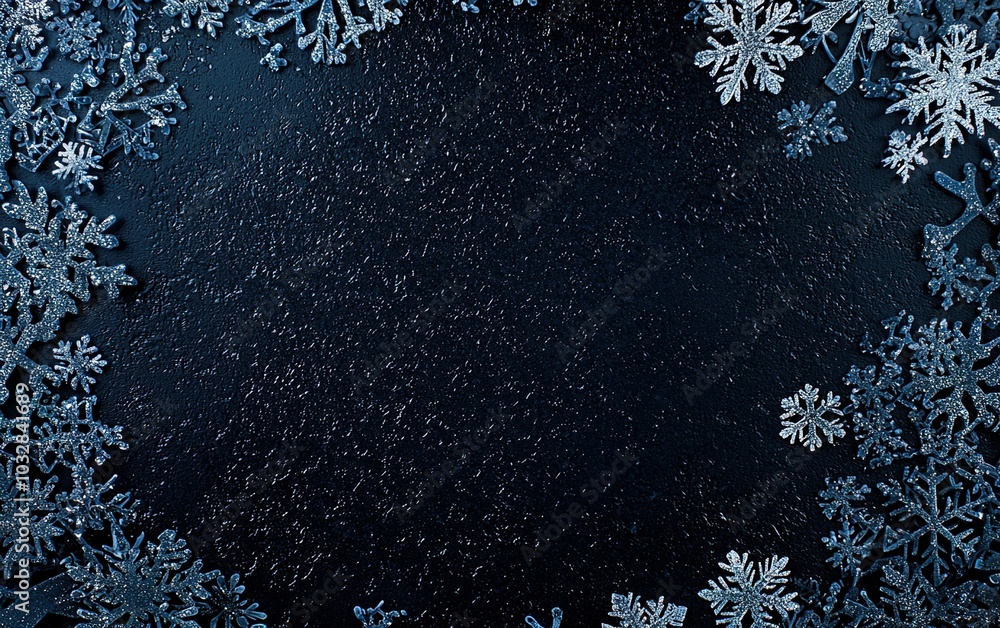 Poster delicate frost-covered snowflakes arranged in a circular pattern on a dark background, creating a wi