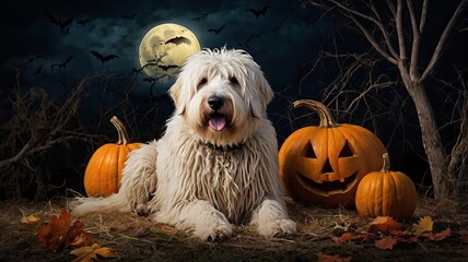 A komondor dog with a pumpkin on the background of the moon on a cold Halloween night, creating a cozy and mysterious atmosphere. Bats are circling in the air, adding to the mystery.