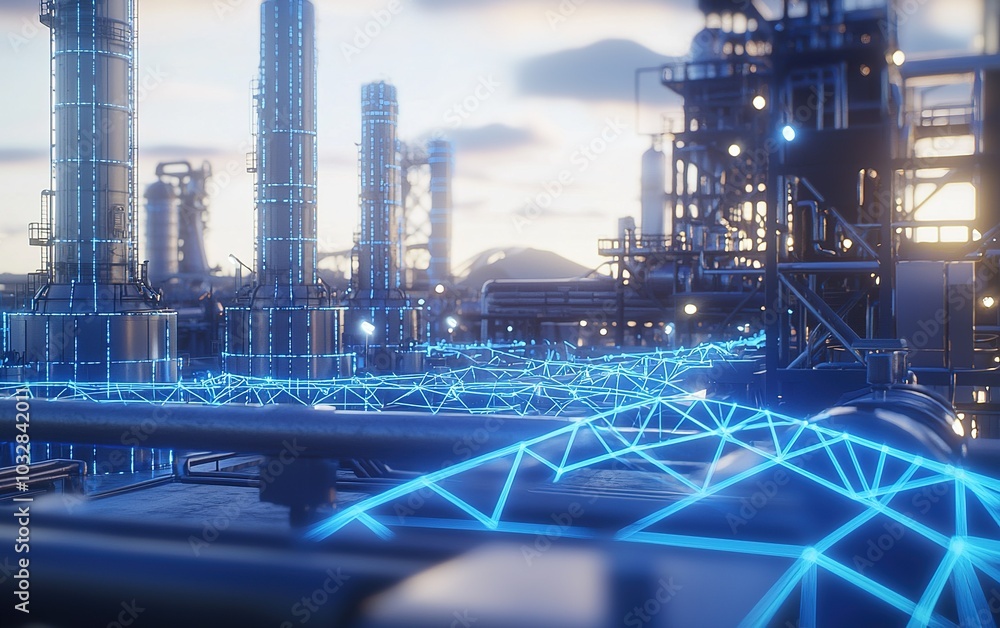 Poster futuristic industrial landscape with illuminated pipelines and high-tech structures at dusk