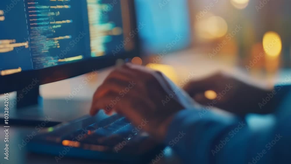 Aufkleber Software developer coding late at night in a dimly lit office, fingers dancing on a keyboard, creating innovative applications