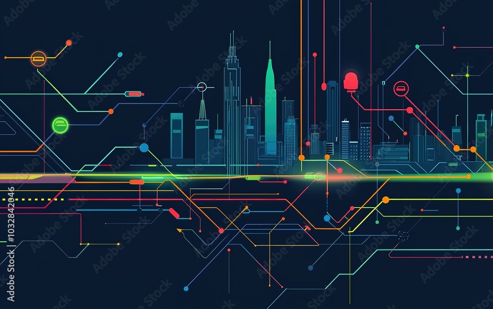 Poster futuristic city skyline with abstract technology elements at night displaying vibrant colors and int