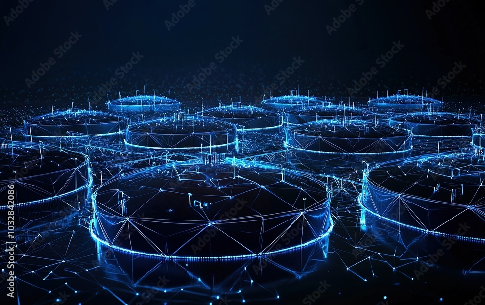 Poster a futuristic representation of interconnected digital nodes with glowing lines against a dark backgr