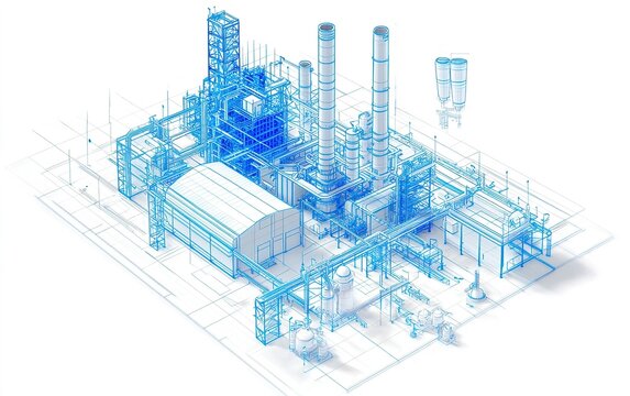 recommend clip art: Detailed blue blueprint of an industrial power plant layout with multiple chimneys and processing units at dusk