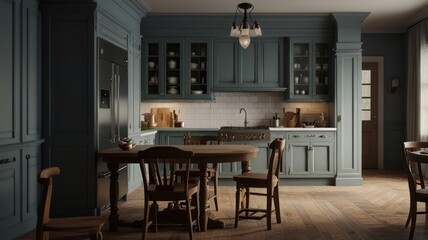 Obraz premium A modern kitchen with blue cabinets, a wood table and chairs, and a stainless steel stove.