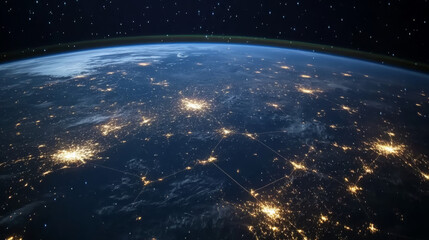 Obraz premium Earth at night, seen from space, shows glowing lines of communication connecting people and businesses worldwide. This image represents the global network of technology and the internet.