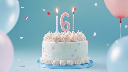 A sixth birthday cake with 6 candle on a pastel blue background, with balloons and confetti. 