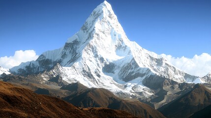 Fototapeta premium Majestic snow-capped mountain peak against a blue sky with clouds.