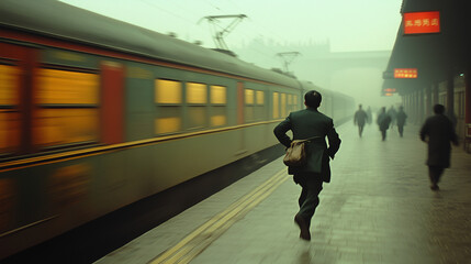 Old Train in China, 1999, Man Running Along Platform