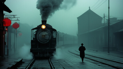 Old Train in China, 1999, Man Running Along Platform © Erzsbet