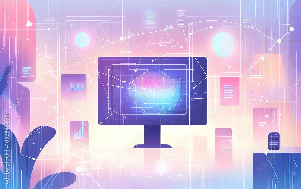 Poster a digital workspace with abstract graphics representing data analysis and technology integration in 